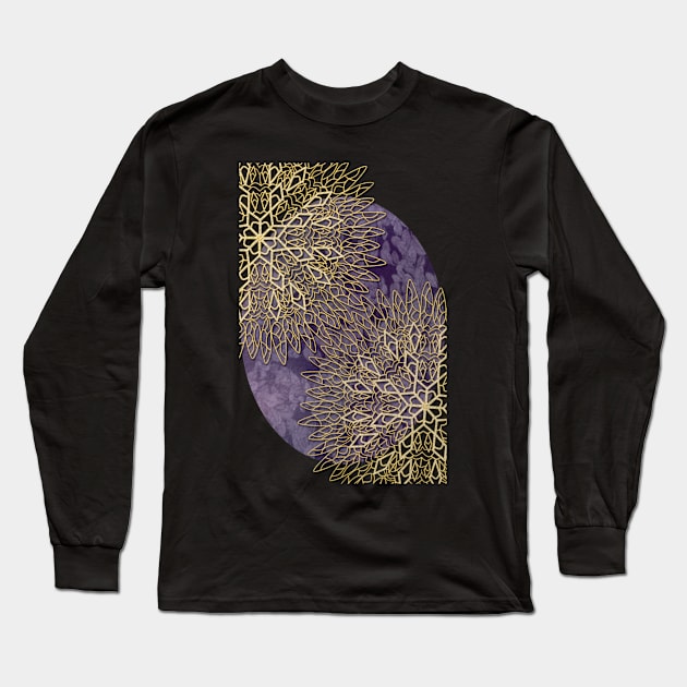 Gold Mandalas on Violet Background Long Sleeve T-Shirt by RoxanneG